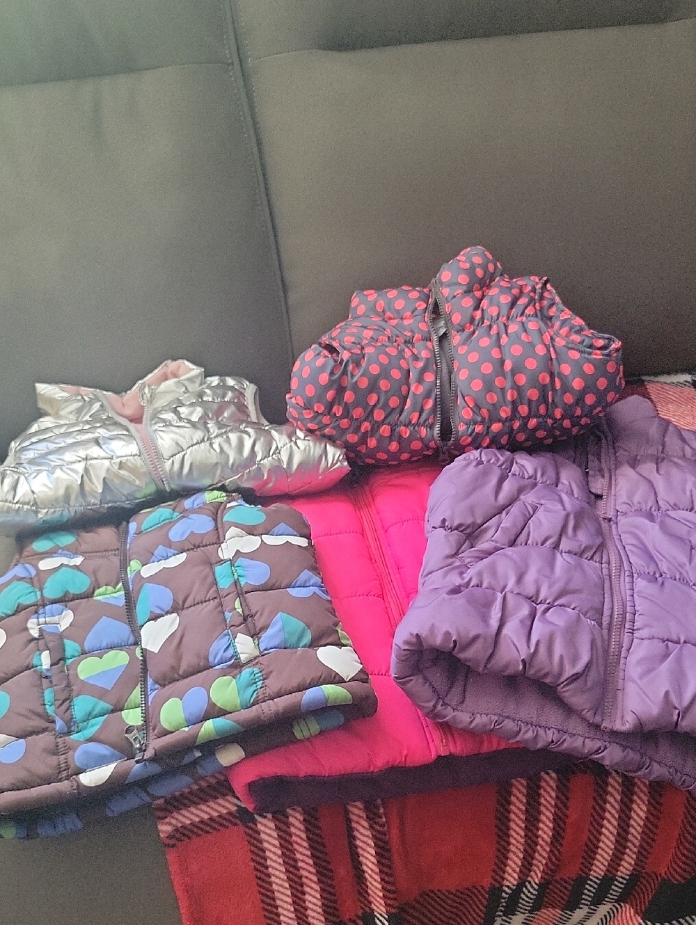 Assorted Girls Puffy Jacket Lot - Purple, Pink, Silver, Brown Hearts, Polka Dot